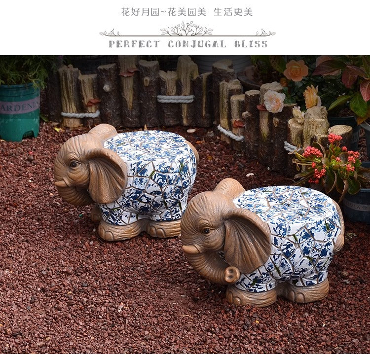 Cartoon Courtyard Animal Decoration Ornament Blue and White Elephant Stump Courtyard Garden Flower Pot Base Balcony Outdoor Chair