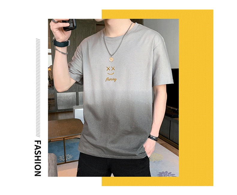 Leisure t Trendy Slim Fit T-Shirt Round Neck Gradient Print Short Sleeve Top T Men's Trendy Versatile Shirt ins Wind