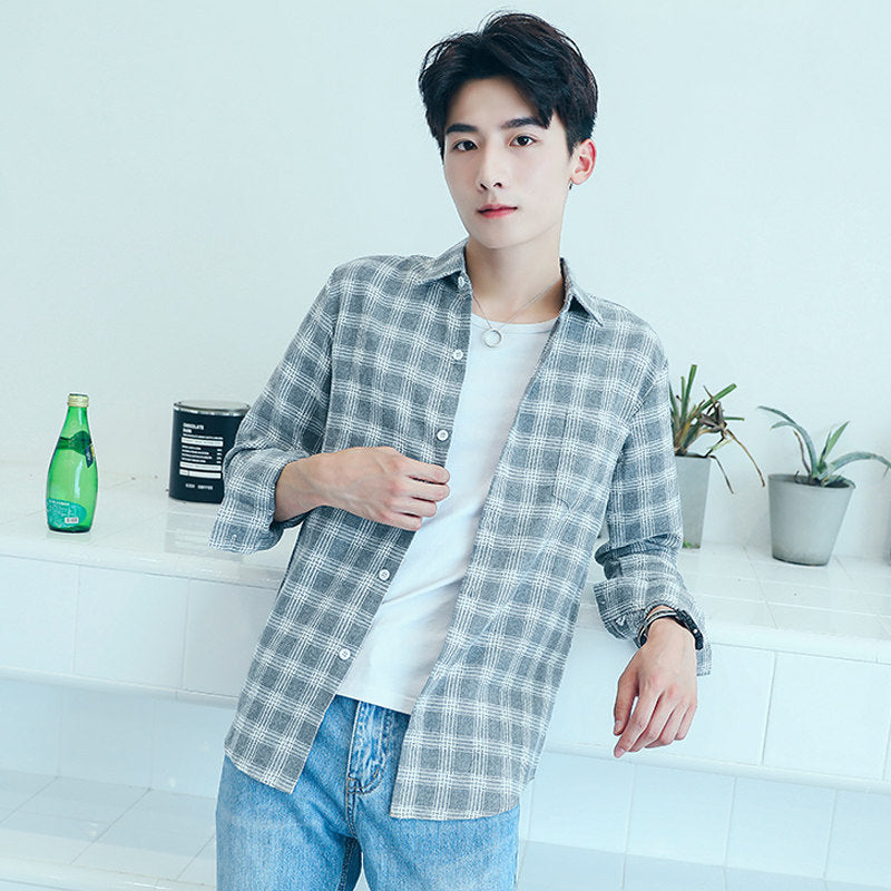 2025Plaid Long Sleeve Shirt Men Korean Version Slim Fit Youth Trendy Handsome Shirt Couple Casual Thin Shirt
