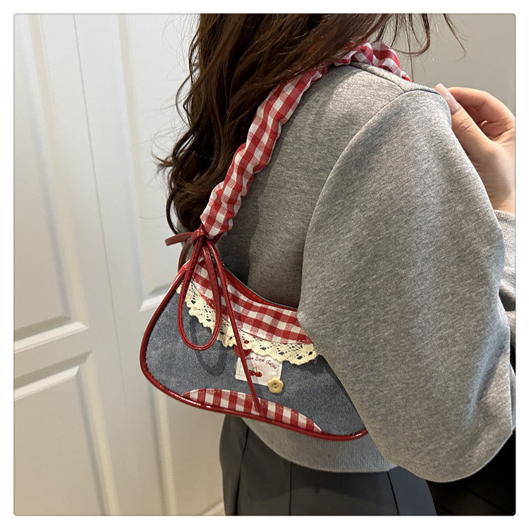 Super Popular Crossbody Bag for Women2025New Plaid Fabric Bag Wrinkled Color-Block Shoulder Bag Popular Commuter Small Square Bag