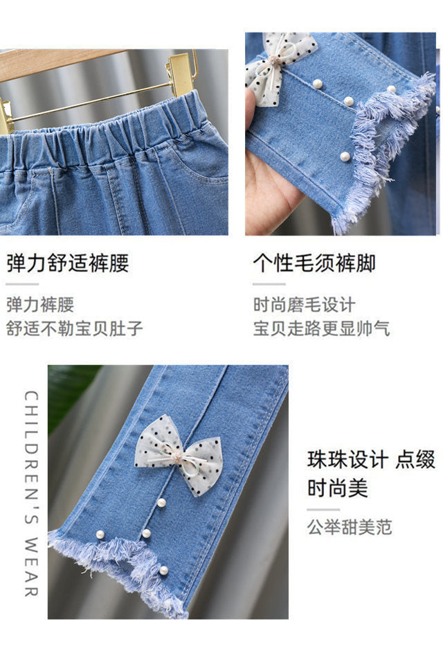 Children's Clothing Wholesale Girls' Jeans Spring and Autumn New Style Medium and Large Children's Slim Pants Baby Casual Girls' Flared Long Pants