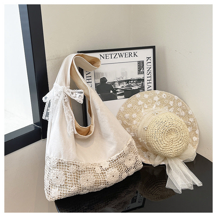 Design Summer Vacation Style Large Capacity Beach Bag Niche Lace Canvas Underarm Bag Women's Floral Single Shoulder Tote Bag