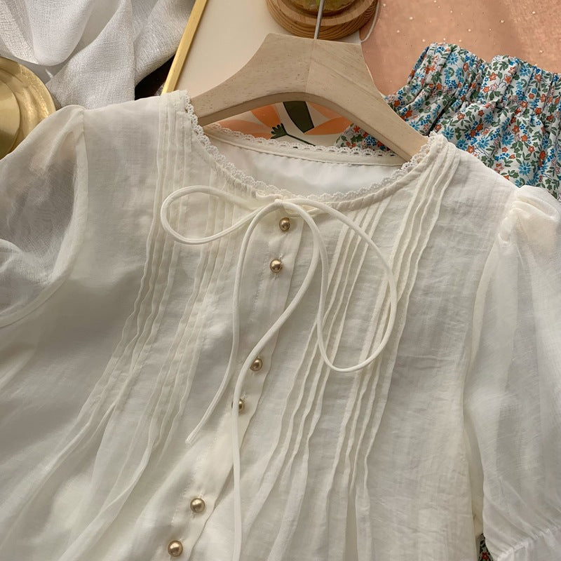 Real Shot◆Private Server Edition！French Style Round Neck Breathable Comfortable Light Pink Lace-Up Loose Shirt Chiffon Blouse