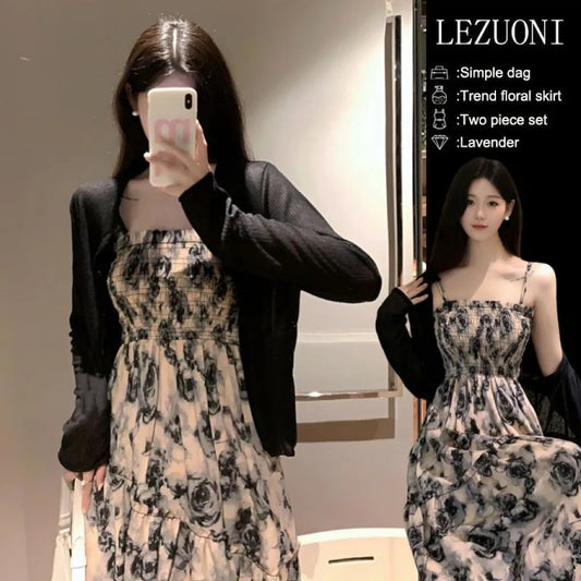 French Hepburn Style Plus Size Strap Dress Women's Summer Design Sense Elegant Waist-Cinching Black Floral Mid-Length Dress