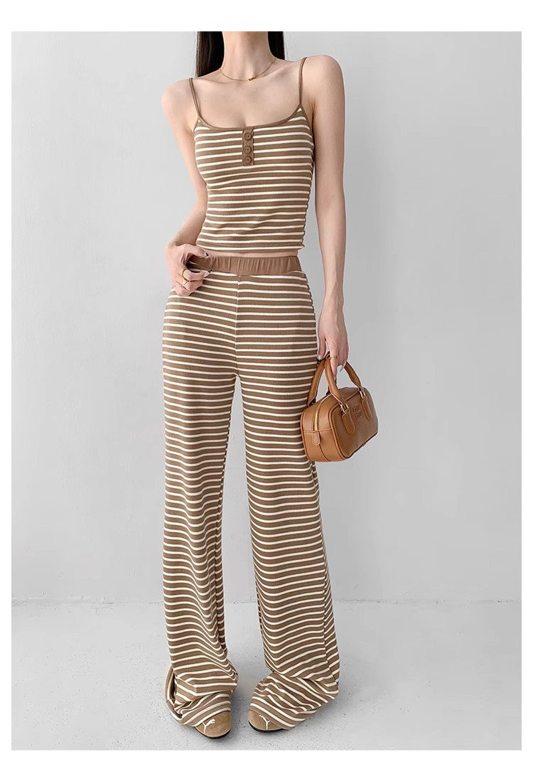 Home Lazy Relaxed Striped Slimming Wide-Leg Pants for Women Summer Hot Girl Fashion Camisole Vest Casual Two-Piece Set