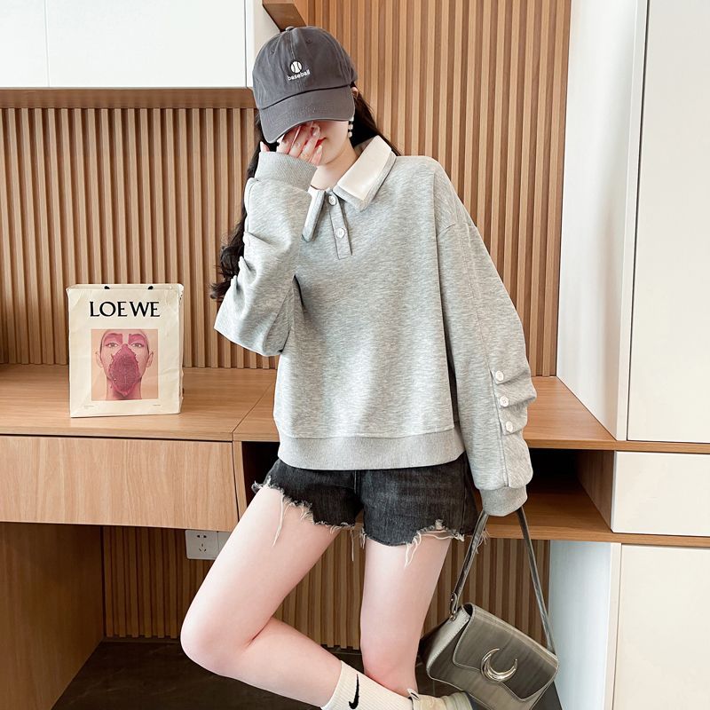 Contrast Color polo Women's Spring and Autumn Thin Sweatshirt2025New Loose Fit Short Design Top for Petite Figures