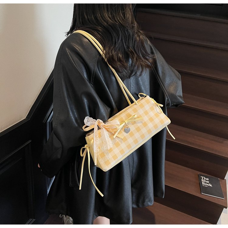 Dopamine Plaid Handbag Small Tote Bag for Women Summer2025New Ballet Style Bow Baguette Bag Underarm Bag Trendy