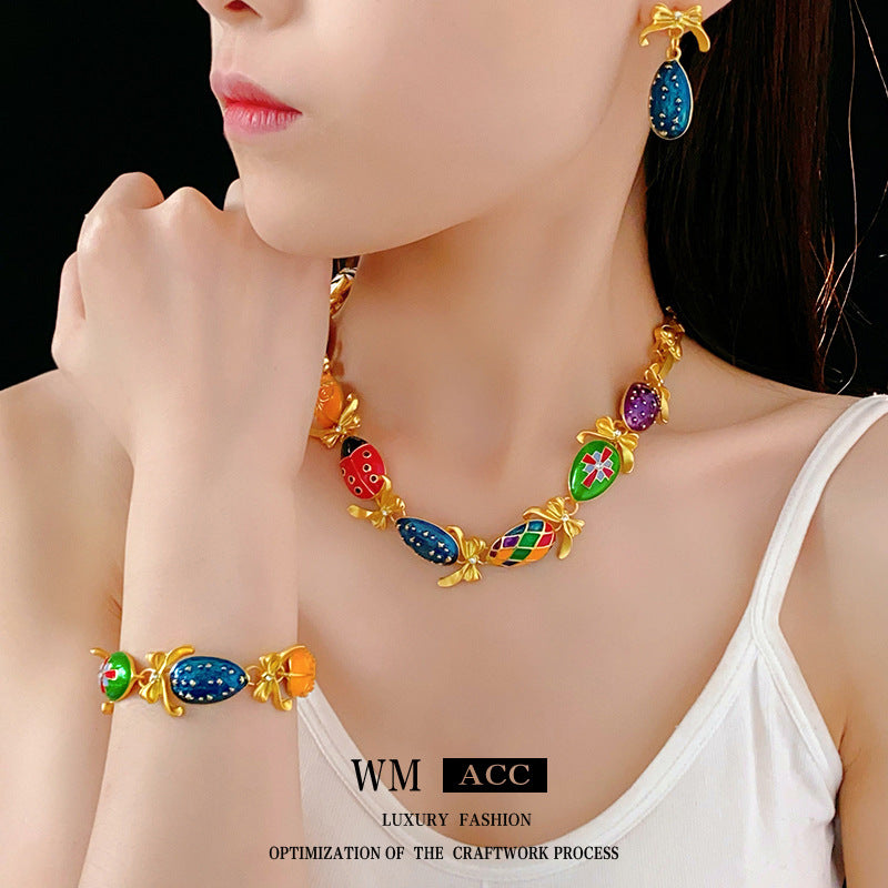 Medieval vintage Water Drop Flower Bow Necklace Palace Style Diamond Inlaid Oil Drop Collarbone Chain High-end Jewelry