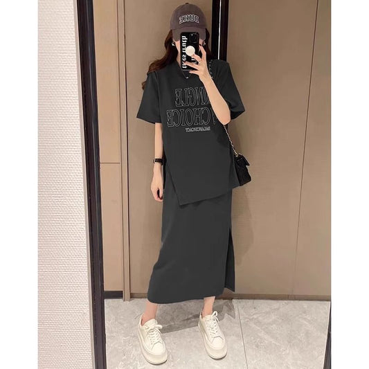 Plus Size Women's Summer Fashion Set European Style Belly Covering Slimming Skirt Two-Piece Set for Chubby Women mm300Jin