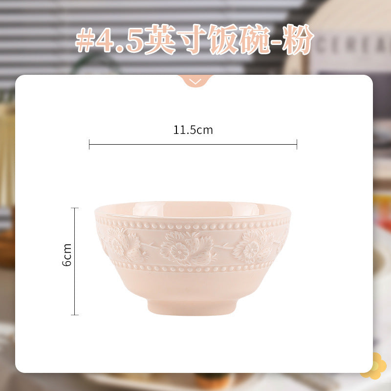 French Style Tableware Bowl and Plate Set for Home Use, High Aesthetic Value for Girls, Cute Ceramic Bowl Set, New Embossed Tableware