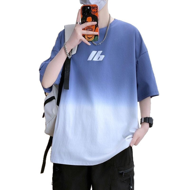 2025Summer New Men's Youth Casual Stylish Trendy Loose Short Sleeve T Shirt Gradient Color for Middle and High School Students