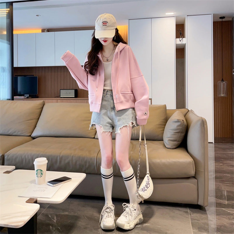 Spring and Autumn Short Hooded Sweatshirt Jacket for Petite Women, New Thin Loose Stylish Zipper Cardigan for Autumn and Winter