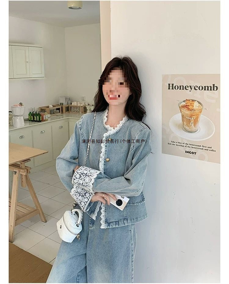 Lace patchwork denim wide-leg pants set for women spring and autumn2025The new two-piece set is absolutely stunning and super trendy