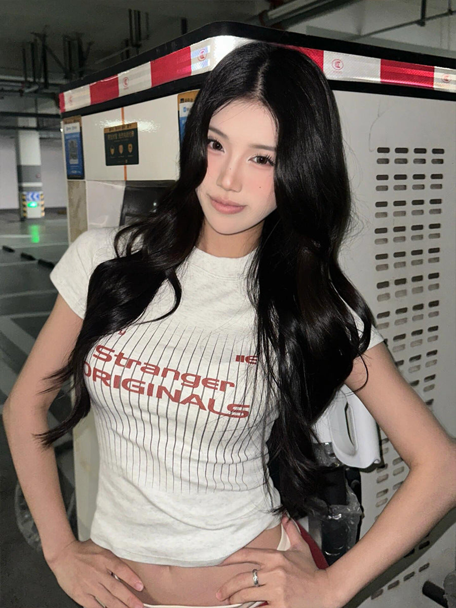 American Vintage Letter Print Short Sleeve T T-shirt New Summer Round Neck Slim Fit Design Versatile Top ins