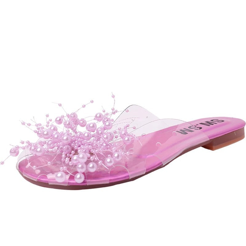 Sparkling Silver Transparent Beaded Closed-Toe Mules for Women2024Summer Internet Celebrity Super Popular Sandals Slippers