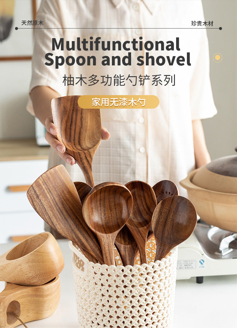 Acacia Wood Spatula Teak Wood Spatula and Spoon Set Solid Wood Household Cooking Spoon Strainer Spoon Small Leaf Three-Line Frying Spatula In Stock
