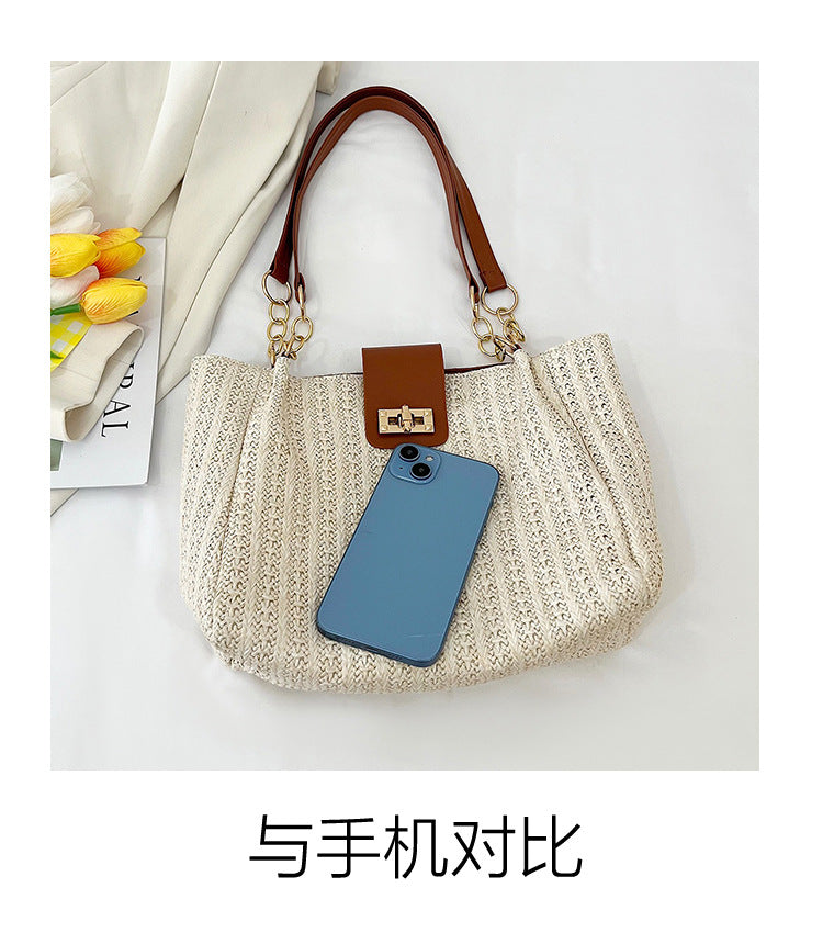 2025Women's Spring New Small Chanel Style Bag for Work Commute Versatile Straw Woven Large Capacity Wide Shoulder Strap Women's Single Shoulder Bag
