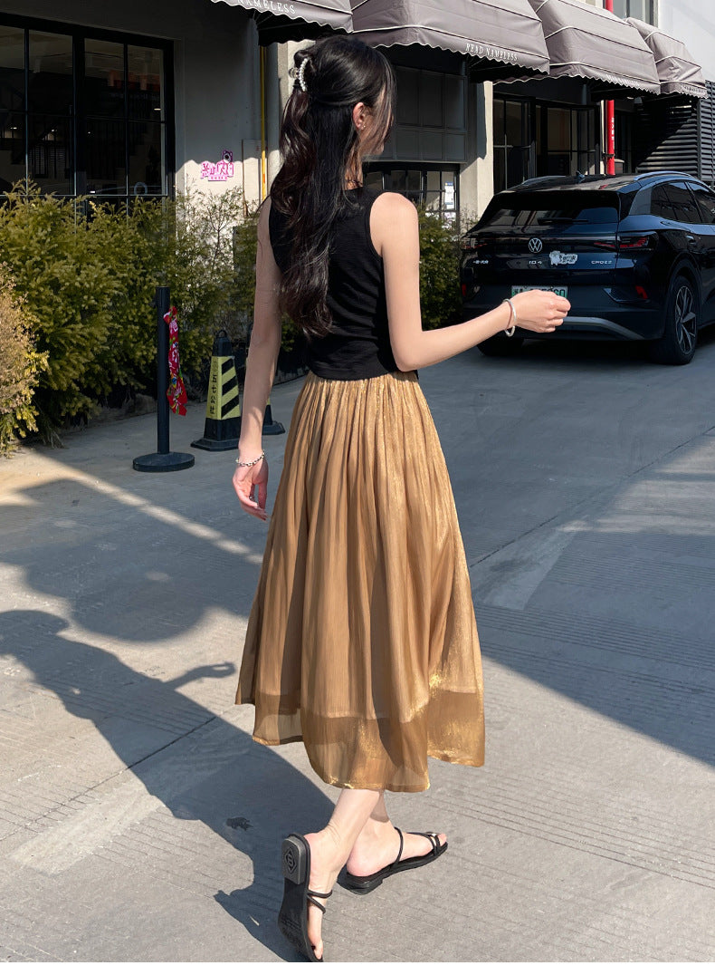 High-end Flowing Sheer Skirt for Women in Summer2025New Style Glassy Sheer Large Hem Mid-Length Draped a Women's pleated skirt