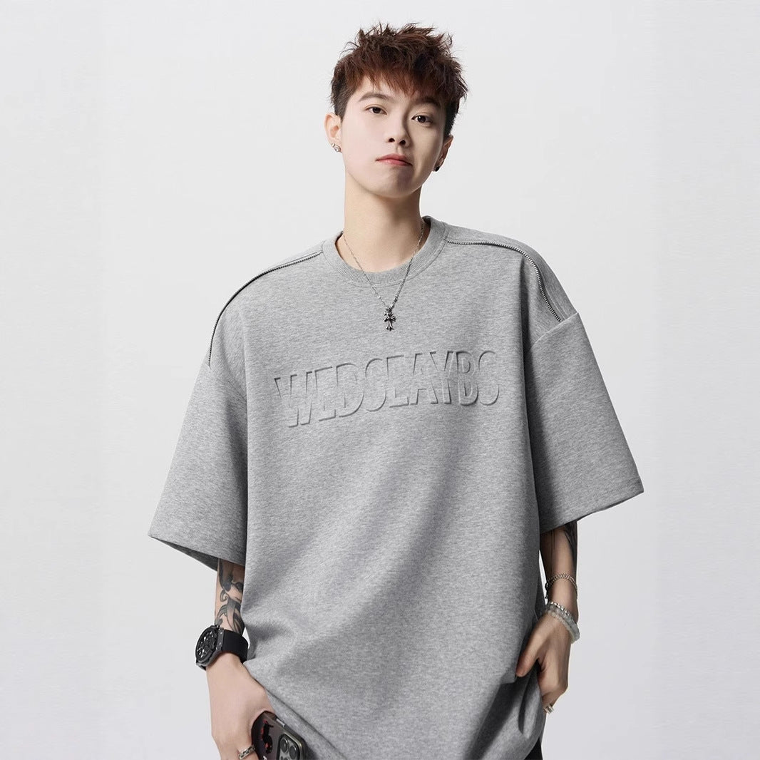 Heavy Short Sleeve t Men's T-shirt2025New Summer Outfit Letter Print Loose Casual Round Neck Short Sleeve T-Shirt ins