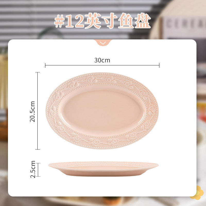 French Style Tableware Bowl and Plate Set for Home Use, High Aesthetic Value for Girls, Cute Ceramic Bowl Set, New Embossed Tableware