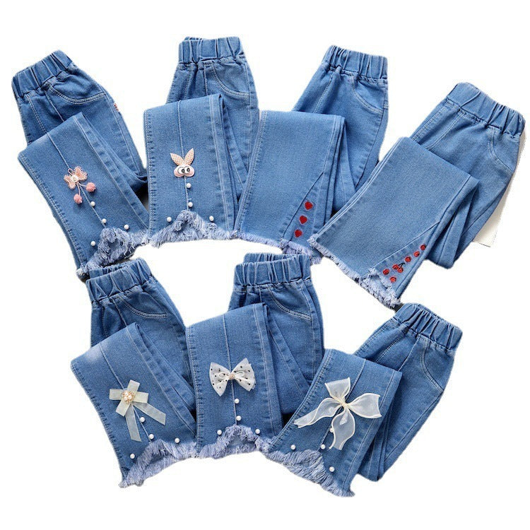 Children's Clothing Wholesale Girls' Jeans Spring and Autumn New Style Medium and Large Children's Slim Pants Baby Casual Girls' Flared Long Pants