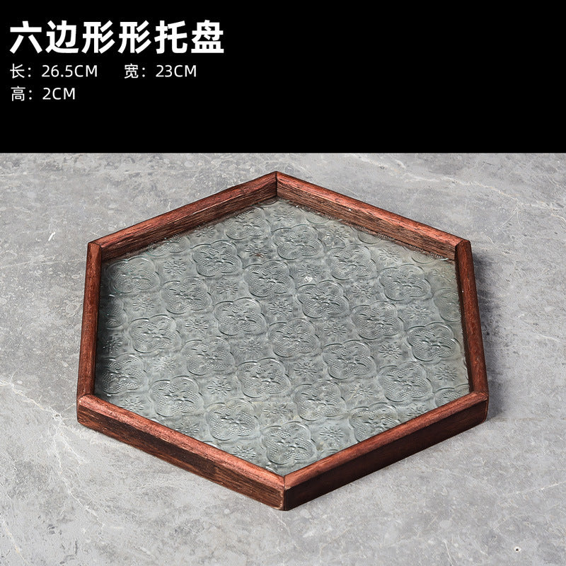 Begonia Embossed Glass Tray Walnut Color Rectangular Tea Tray Storage Ornaments Tea Water Cup Fruit Snack Plate