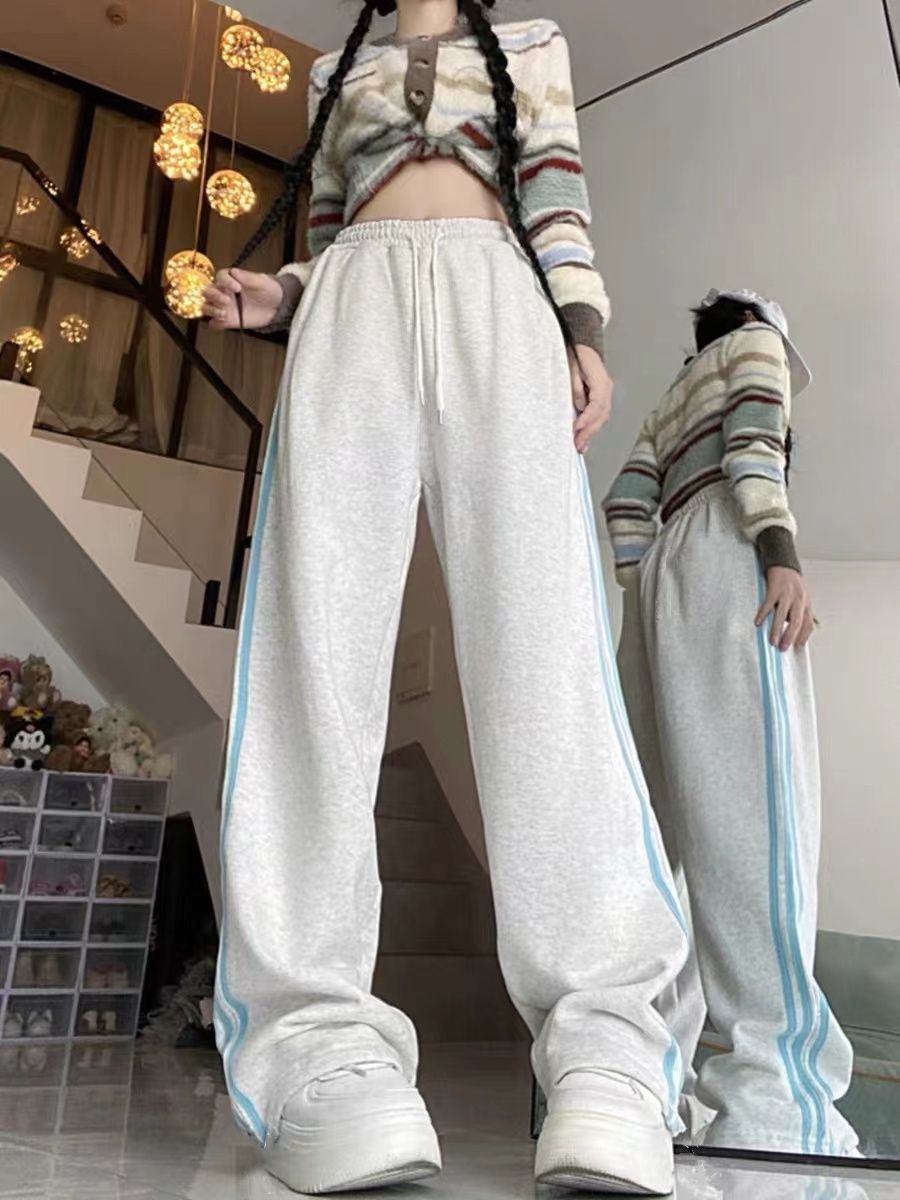 Melard Wide-Leg Pants for Women, Autumn and Winter New Loose Slimming Versatile American Style Striped Casual Sports Sweatpants