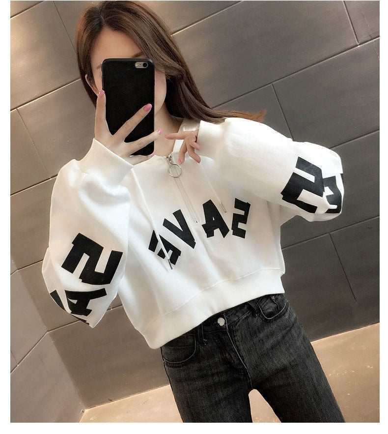 Half Zipper Hooded Short Petites Sweatshirt Women2025New Early Autumn Thin High-Waisted Stylish Streetwear Jacket Trend