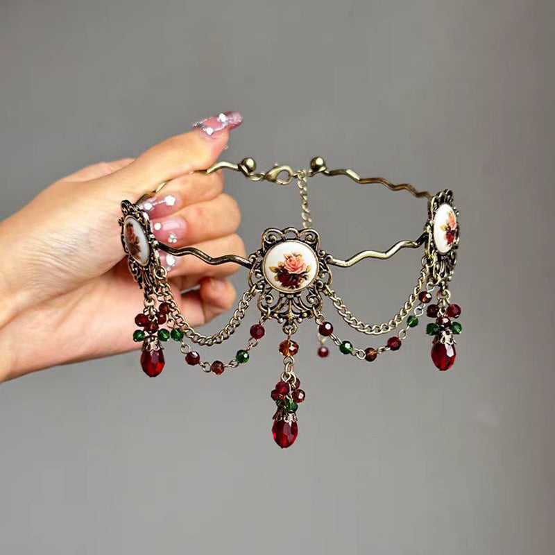 Vintage Court Style Heavy Craft Rose Flower Tassel Necklace Niche High-End Elegant Medieval Personality Style Choker Accessory