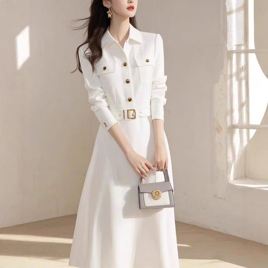 Elegant Socialite Goddess Style High-End White Shirt Dress for Important Occasions Spring and Autumn