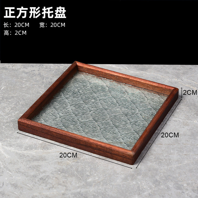 Begonia Embossed Glass Tray Walnut Color Rectangular Tea Tray Storage Ornaments Tea Water Cup Fruit Snack Plate