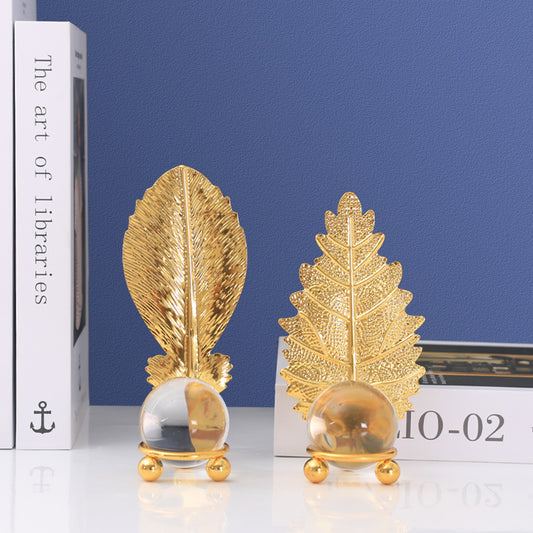 Nordic Light Luxury Metal Leaf Crystal Ball Ornament for Study Room Bookshelf Wine Frame Model Room Entrance Decoration Ornament