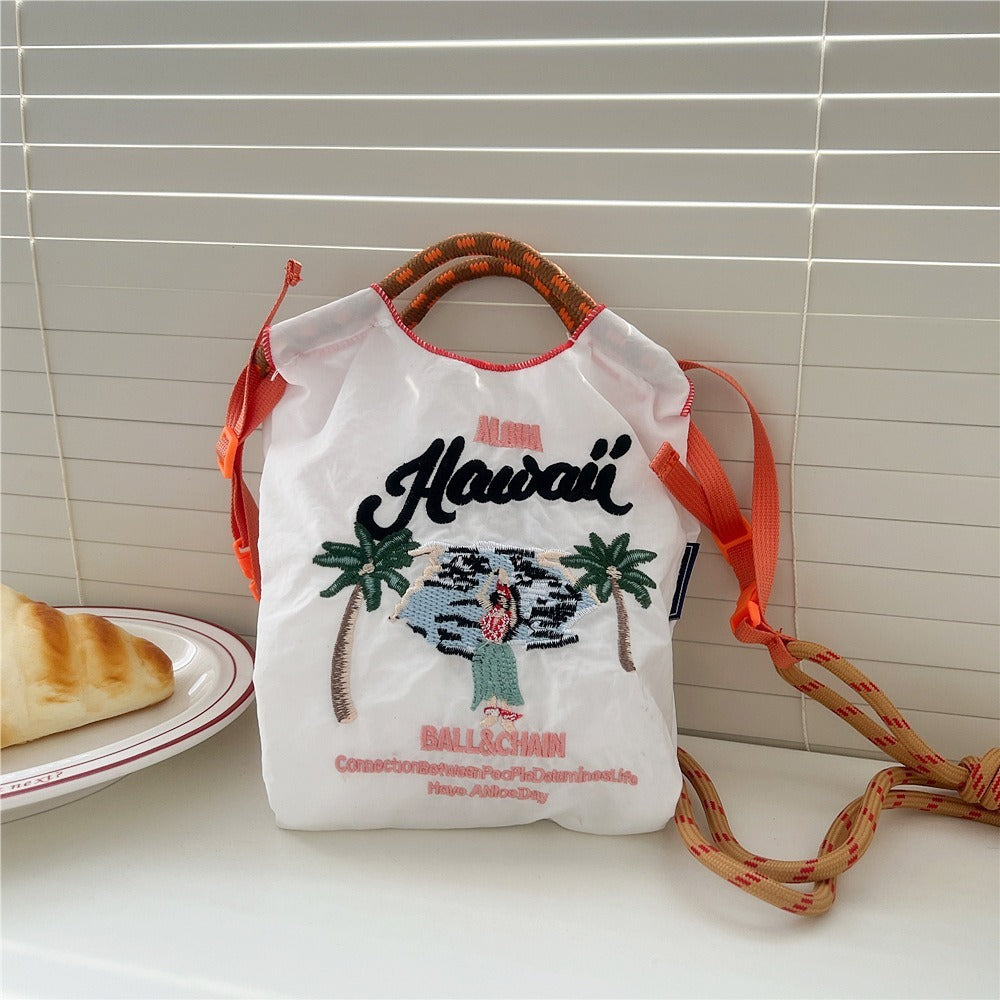 Japanese Style BallChain Same Style Eco-Friendly Embroidered Shopping Bag Nylon Fabric Floral Handheld Niche Fashion Shopping Bag