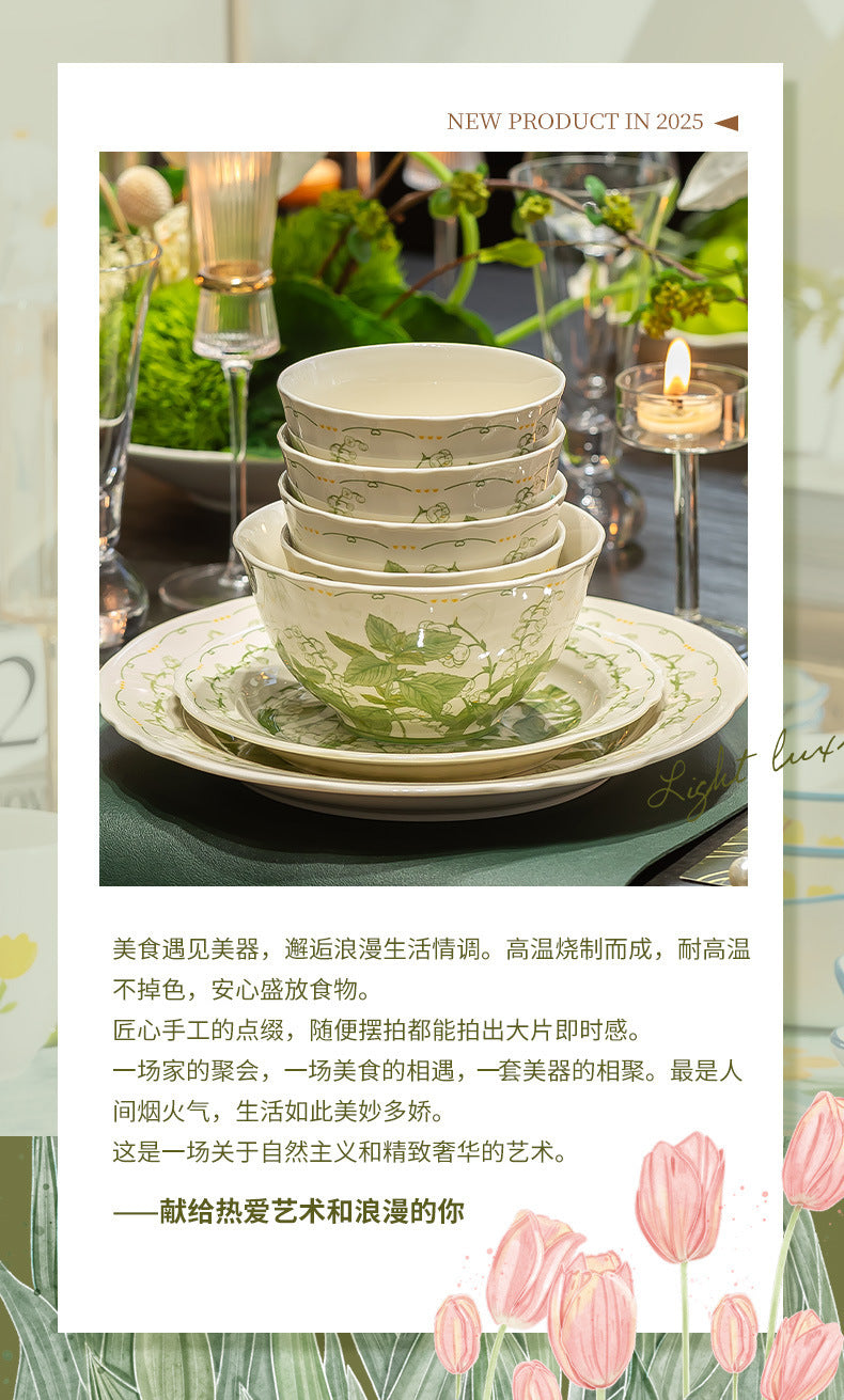 Lily of the Valley Bowl and Plate Set Household Ceramic Tableware Set Pastoral Style High-Value Underglaze Color Vegetable Plate Soup Plate Bowl and Chopsticks