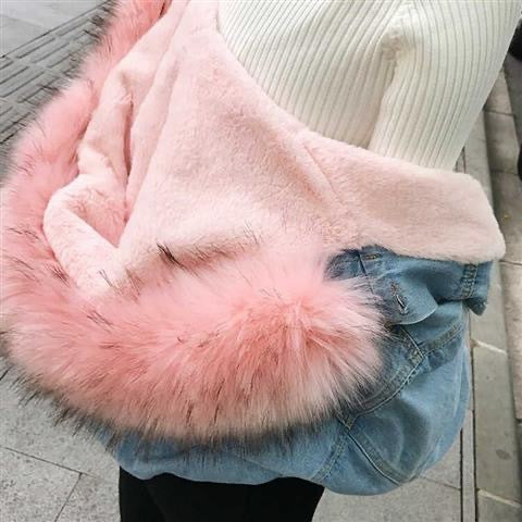 In-stock Short Cotton Jacket2025Winter Fleece-Lined New Cotton Jacket Loose Korean Style Denim Fur Collar Thickened Coat for Women