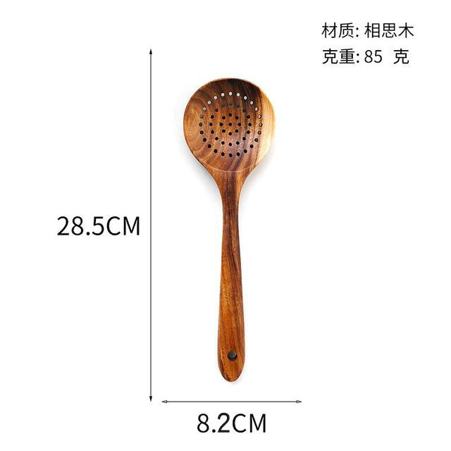 Acacia Wood Spatula Teak Wood Spatula and Spoon Set Solid Wood Household Cooking Spoon Strainer Spoon Small Leaf Three-Line Frying Spatula In Stock