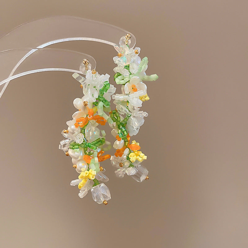 Resort Style Silver Needle Fabric Flower Tassel Earrings High-End Fashion Earrings Bohemian Sweet Exaggerated Ear Jewelry