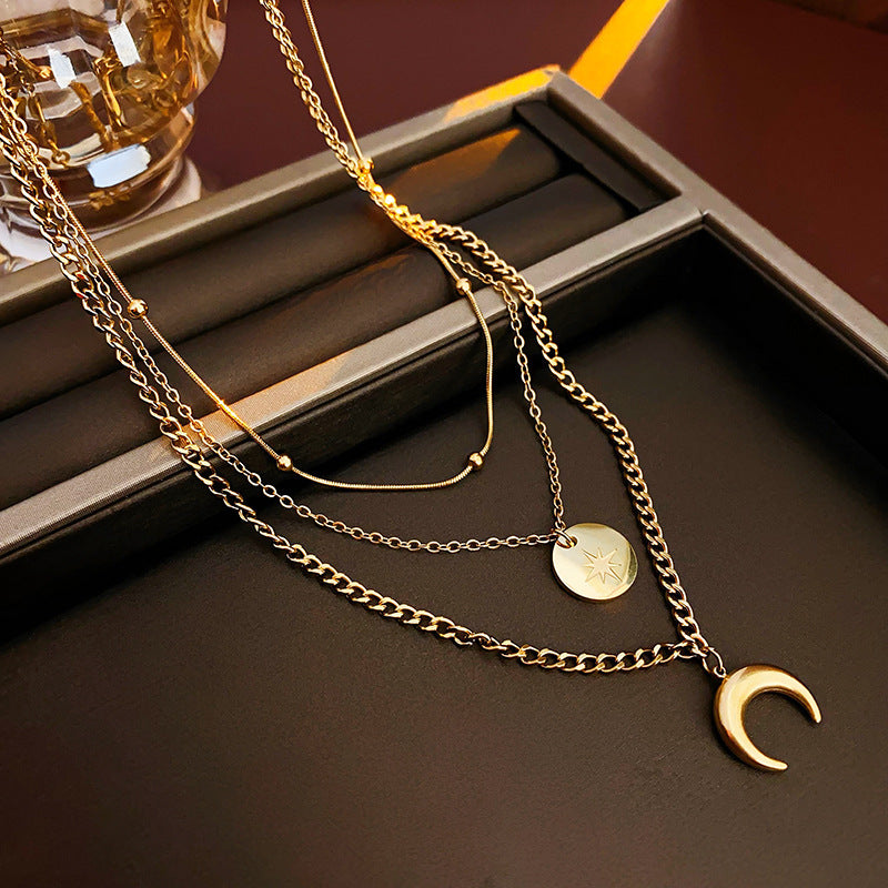 18K Real Gold Plated Moon Heart Pendant Necklace Simple Versatile Elegant Collarbone Chain Light Luxury High-End Necklace