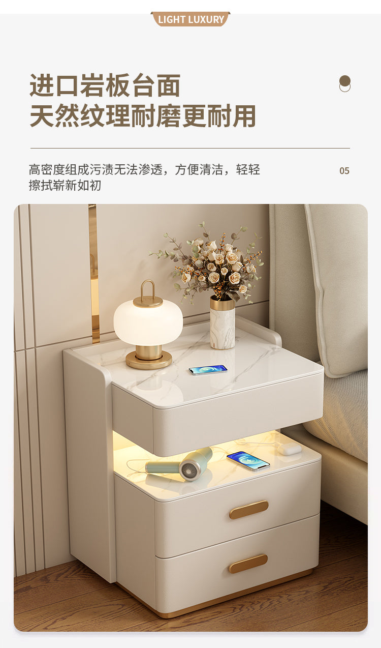 Smart Bedside Table2024New Simple Modern Solid Wood No-Installation Bedroom Home Multi-Functional Rock Slab Bedside Table