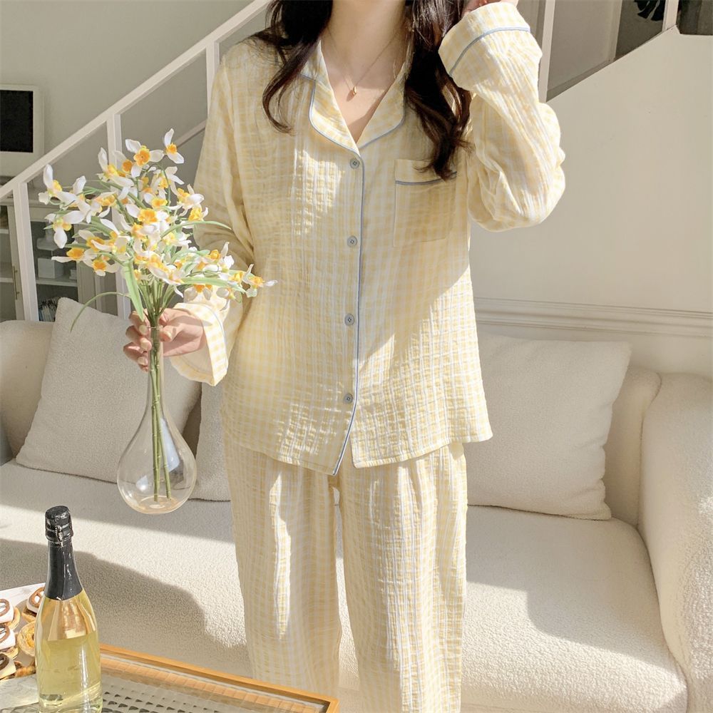 Spring and Autumn Japanese Style ins Color-Block Plaid Couple Pajamas for Women, Simple Outerwear, Cute Long-Sleeve Homewear, Men's Set