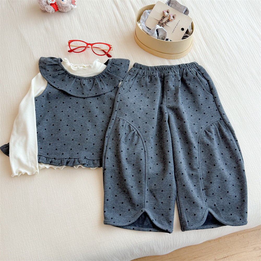 Sweet Little Girl Korean Style Set Autumn New Children's Back-to-School Stylish Lace Polka Dot Vest Wide-Leg Pants Three-Piece