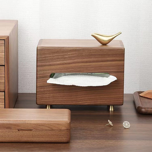 Black Walnut Wood Tissue Box for Home Living Room, Copper Bird Tissue Box, Desktop Ornament, Wooden Tissue Storage Box