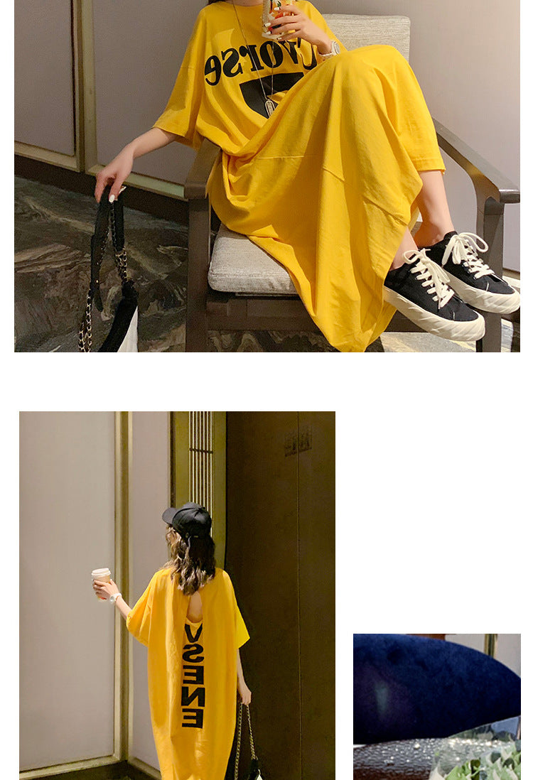Summer Korea200Jin Fat mm Dress Women's Long Backless Loose Maxi Dress Plus Size Short Sleeve Maternity T T-shirt Skirt