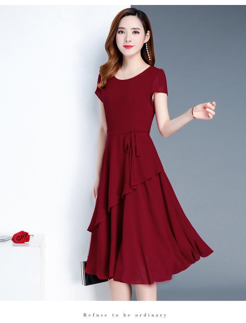 Summer New Fashionable Slimming Age-Reducing Skirt Elegant Mid-Length Style a Round Neck Plus Size Loose Women's Dress