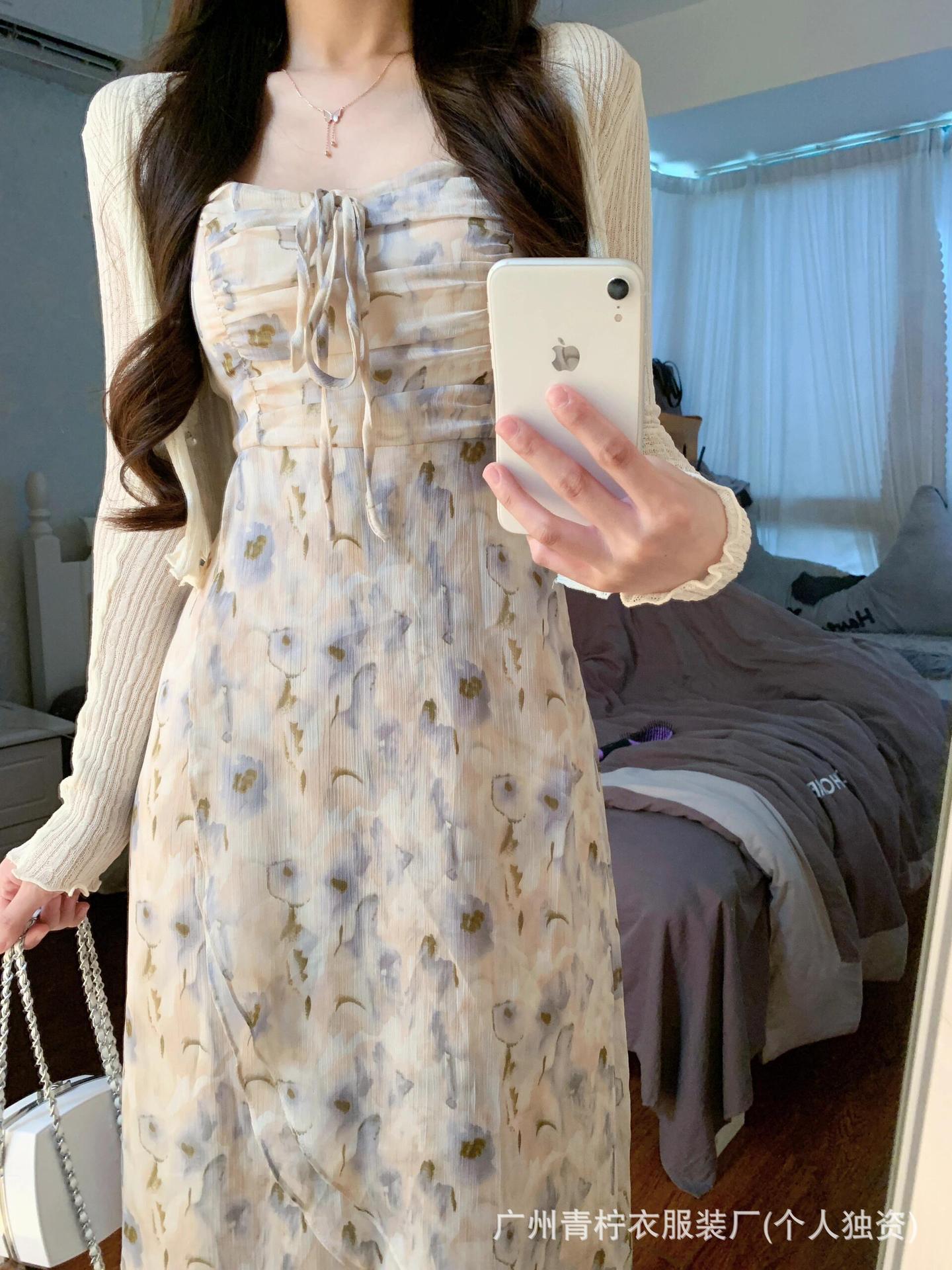 Hangzhou Four Seasons Green Women's Dress2025Summer New French Style Fairy Square Neck Waist-Cinching Sweet First Love Long Dress