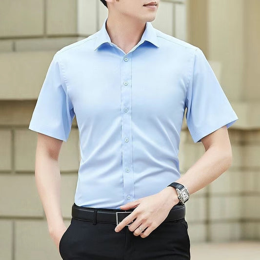 Autumn Solid Color Short Sleeve Shirt Men's Casual Slim Fit Business Plus Size Thin Korean Style Shirt Youth Handsome Trendy