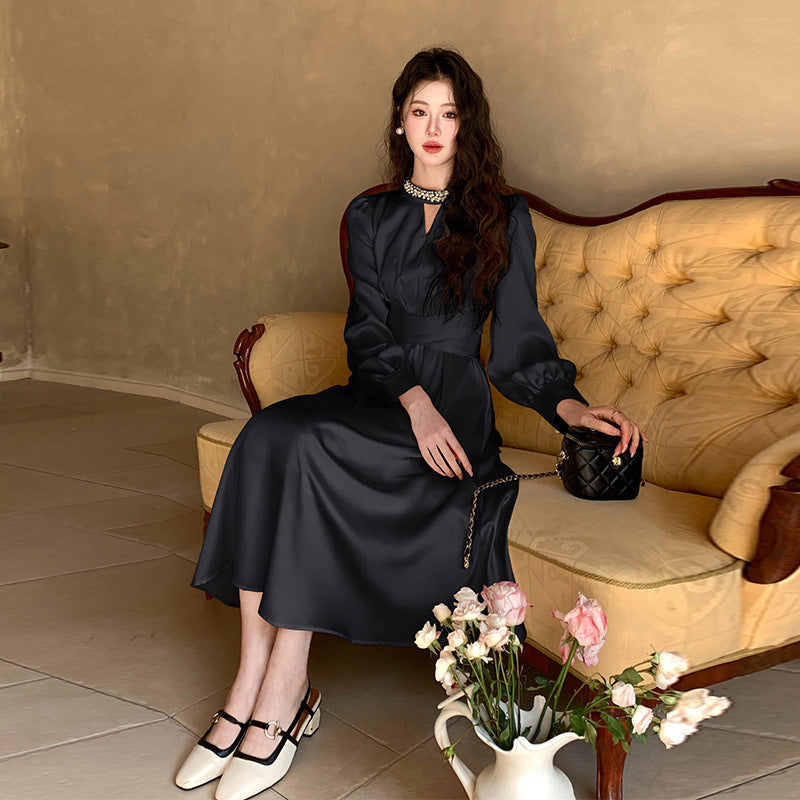 French A Line skirt2025Spring and Summer New Women's Long Sleeve Dress Waist Slimming Elegant Acetate Satin Long Dress