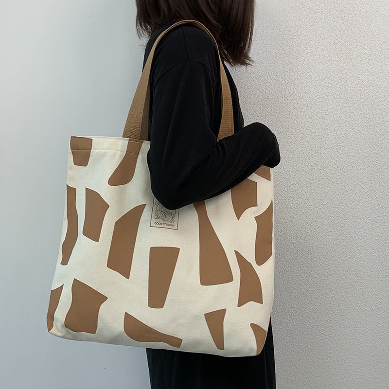 Canvas bag for women, single shoulder, suitable for college students to carry books ins Korean Style Zippered Artistic Design Handheld Canvas Bag