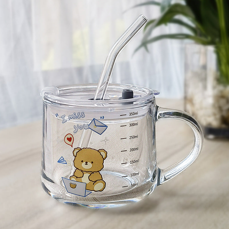 ins Glass Cup with Straw Milk Breakfast Cup Cute Cartoon Graduated Cup with Lid Spoon Gift Customization logo