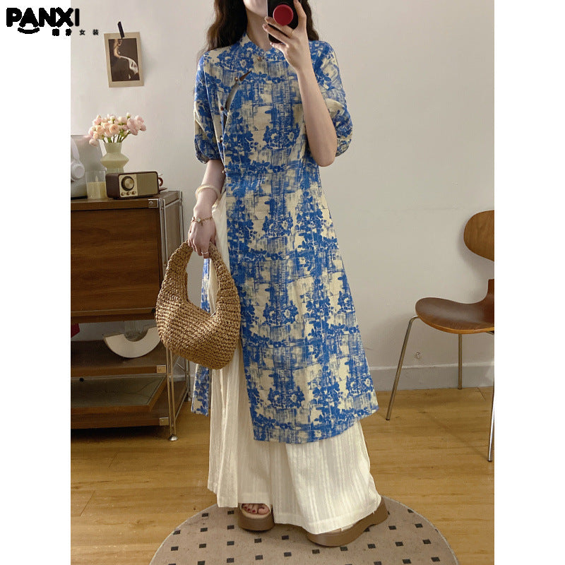 New Chinese Style National Style Set Gentle Temperament Super Beautiful Blue Floral Long Top Casual Long Pants Two-Piece Set
